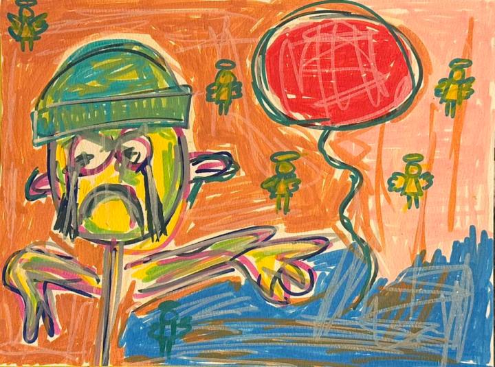 Full-color folk art depicting a boy with a green hat, crying over a red balloon