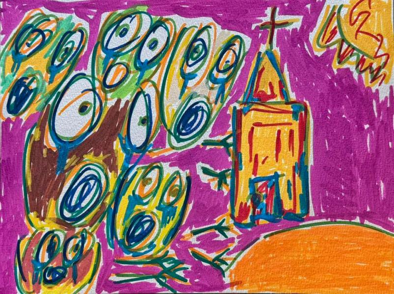 A full-color folk art image depicting open mouths and a church with a cross on top